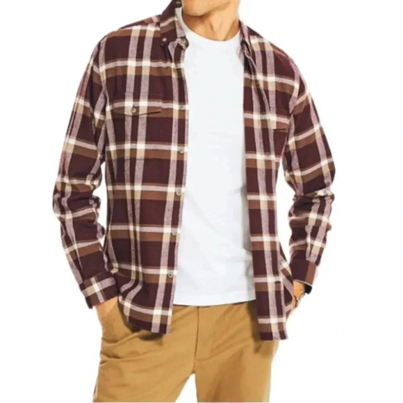 Nautica men’s plaid button down flannel shirt, burgundy tan cream. NWT! Size XL - Picture 1 of 11